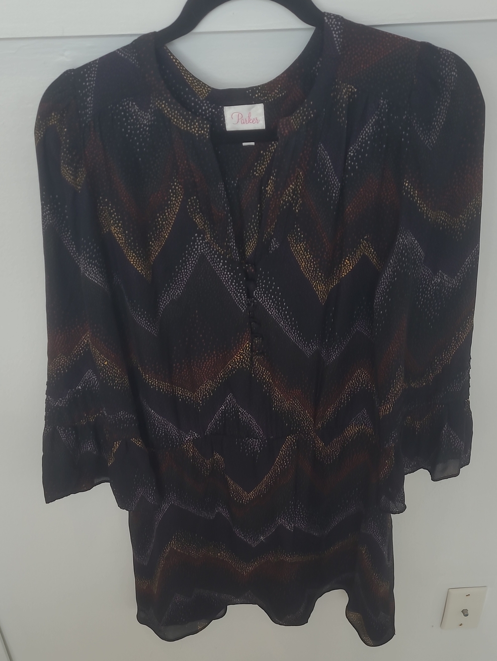 Parker Black Chevron Silk-Blend Blouse with Brown and Cream Accents
